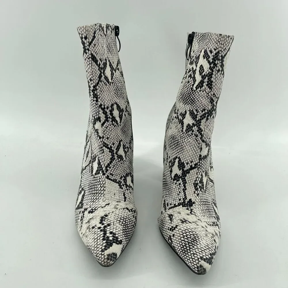 Women’s Black White Snakeprint Embossed Faux Leather Block Heel Ankle Boots 8.5